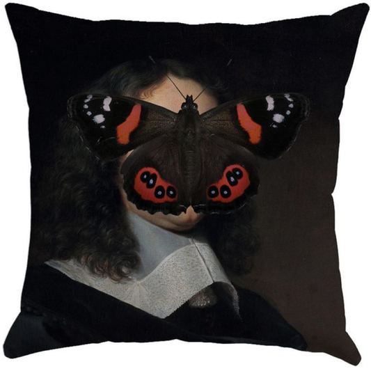 Mineheart Renaissance Man Portrait  Cushion with Red and Black Butterfly