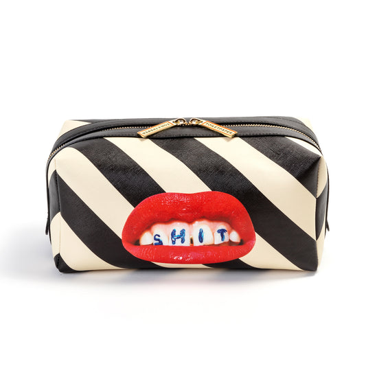 Seletti Toiletpaper Shit Red Lips Black and White Striped Washbag